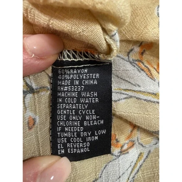 Unique Spectrum Blouse Womens 2X Tan White Orange Floral Button Decor Tie Sleeve - Picture 6 of 7